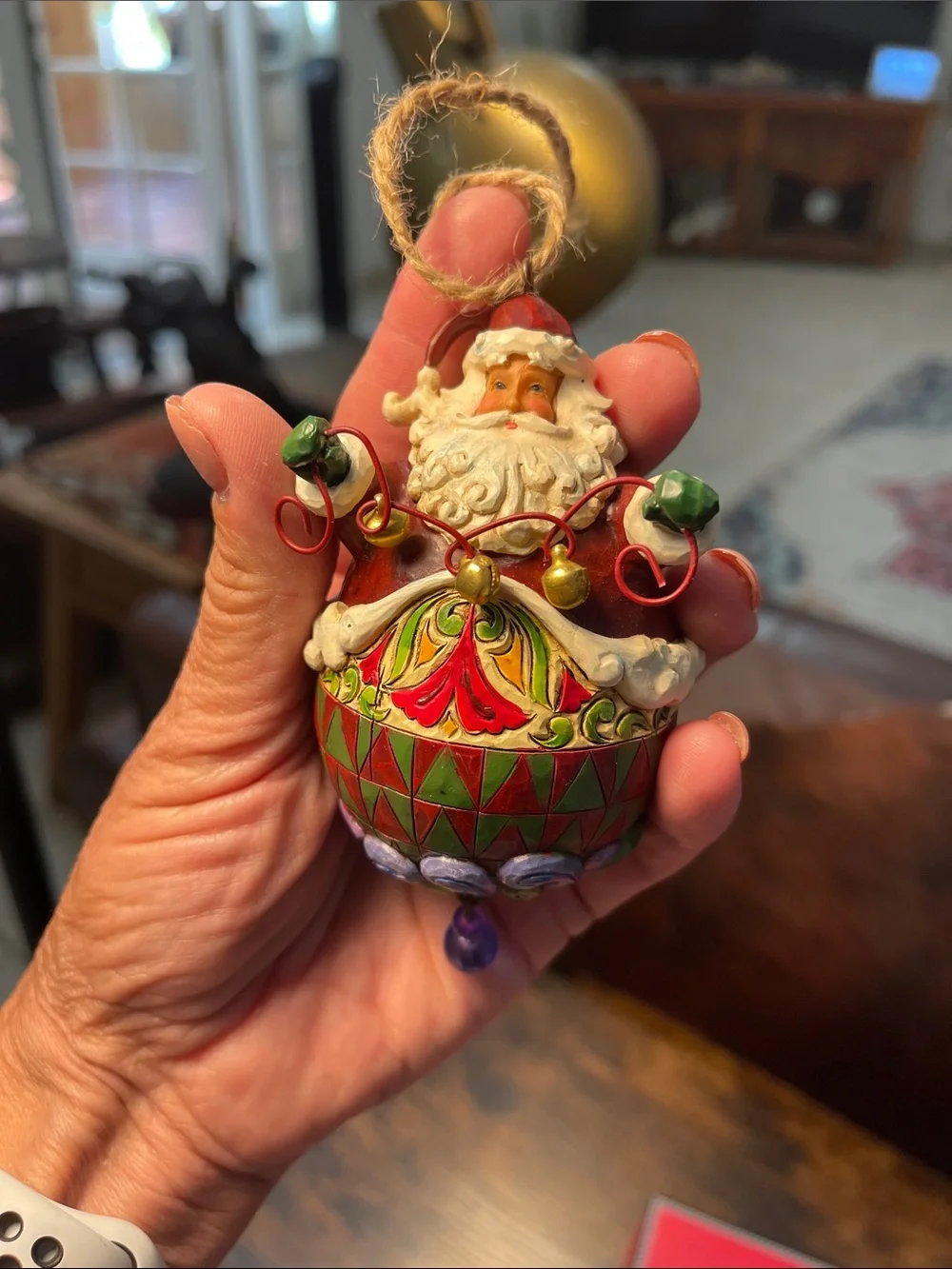 Jim Shore Multicolor Santa Ornament with Red Hood and Green Accents